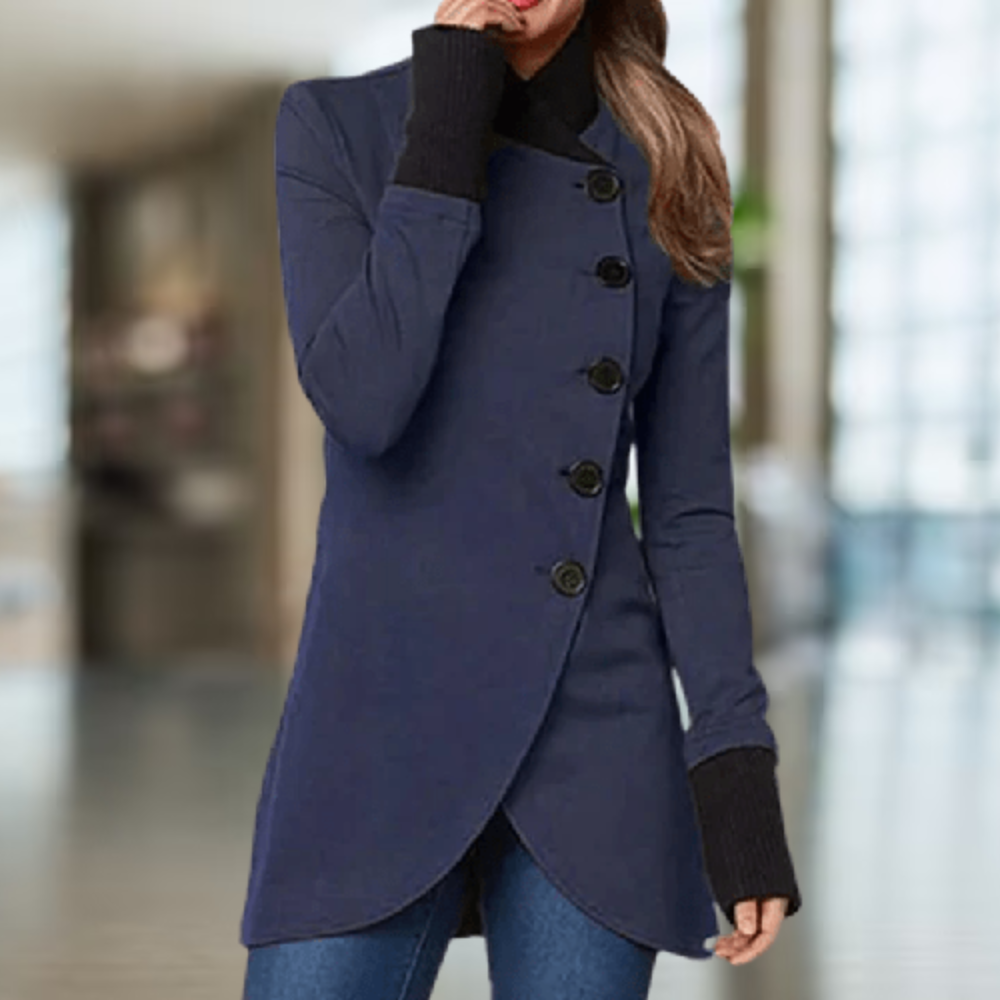 Manteau femme hiver asymétrique noir, coupe élégante pour un look mode et chic au quotidien.
