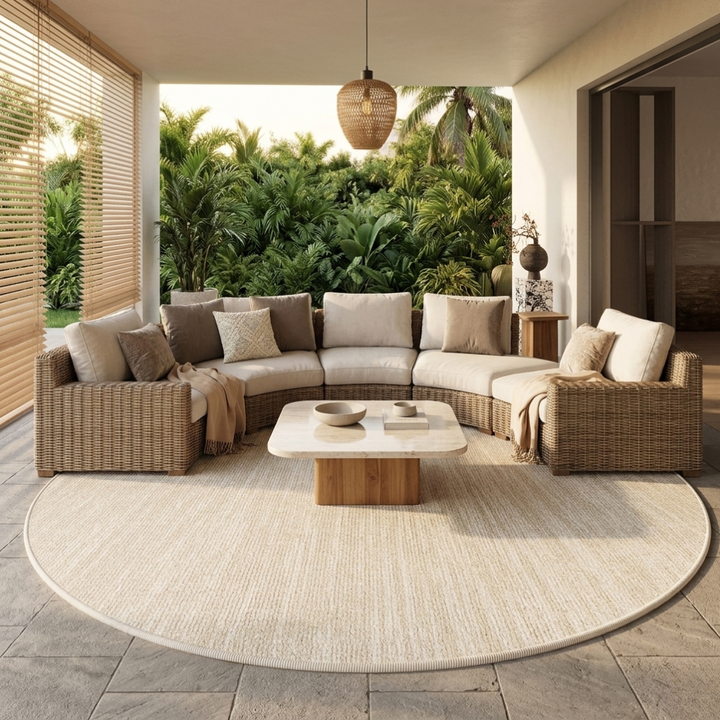 Grand tapis rond crème wabi sabi, en polyester doux, parfait pour chambre à coucher.