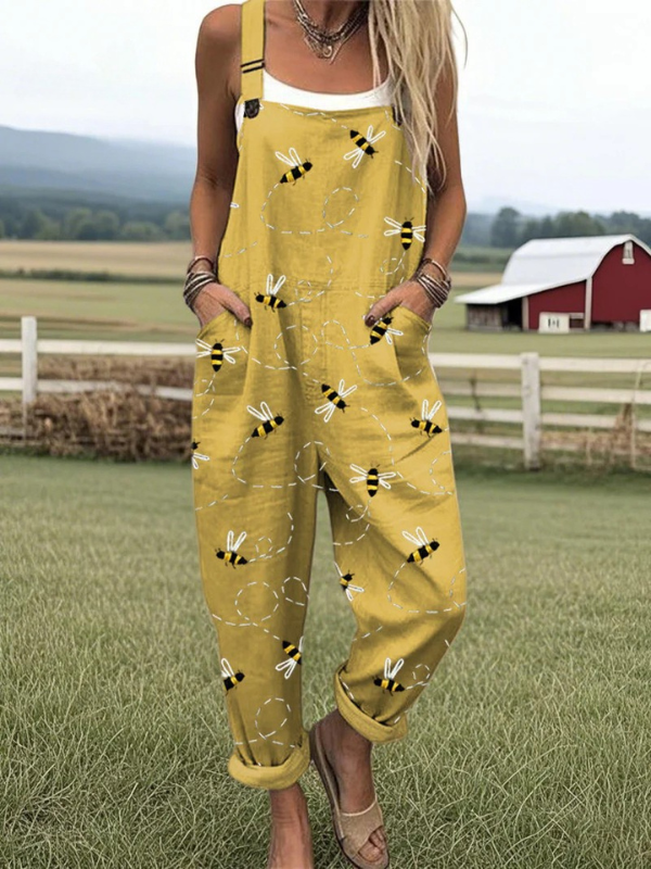 Combinaison salopette femme jaune moutarde à imprimé abeille, style bohème confortable, idéale pour la mode été.