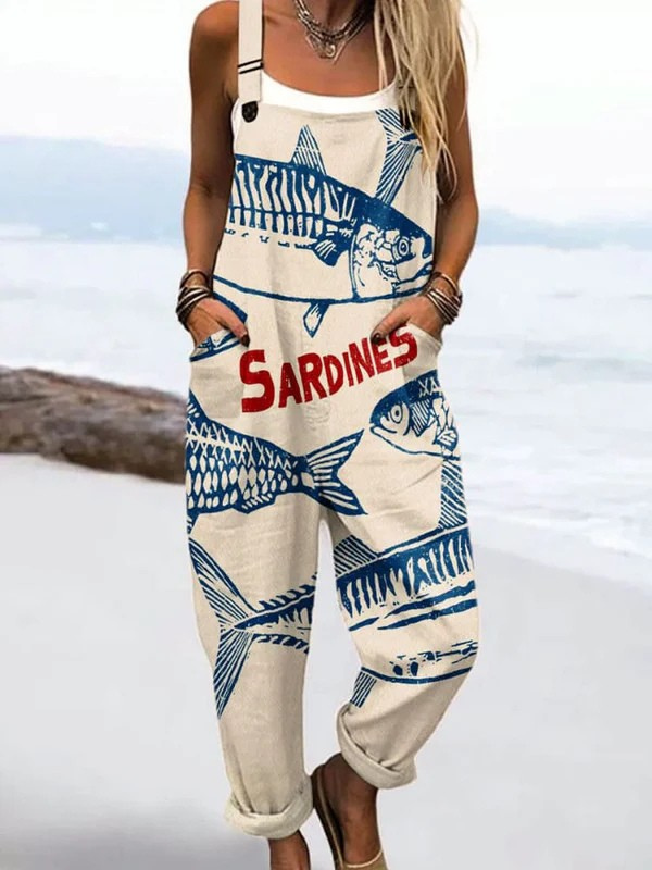 Combinaison femme motif sardines amusant, confortable pour l'été et le printemps. Jumpsuit décontractée au style unique.