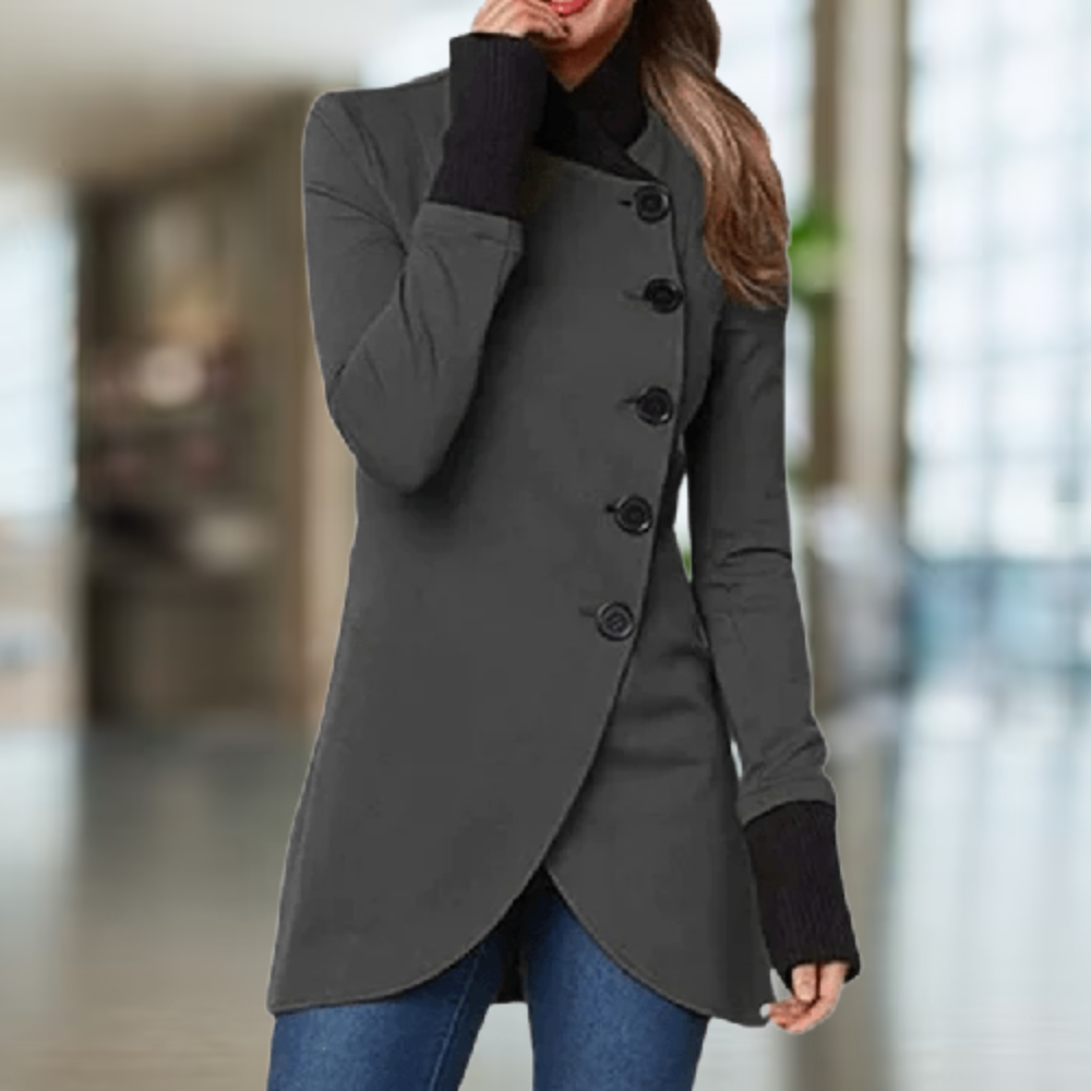 Chaud manteau hivernal femme asymétrique en laine, idéal pour le froid et le confort quotidien.