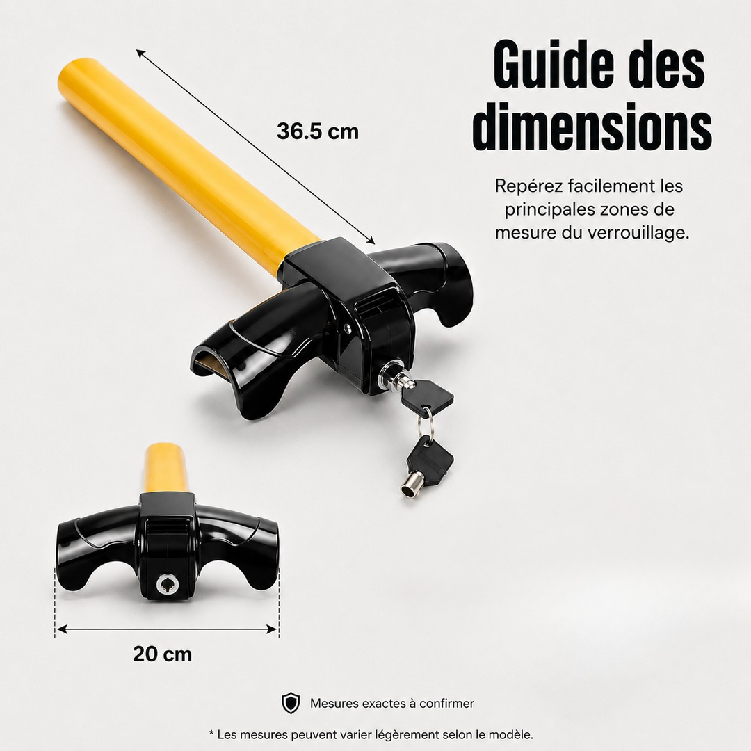 Sécurité auto: antivol volant robuste pour une protection universelle et visible du véhicule.