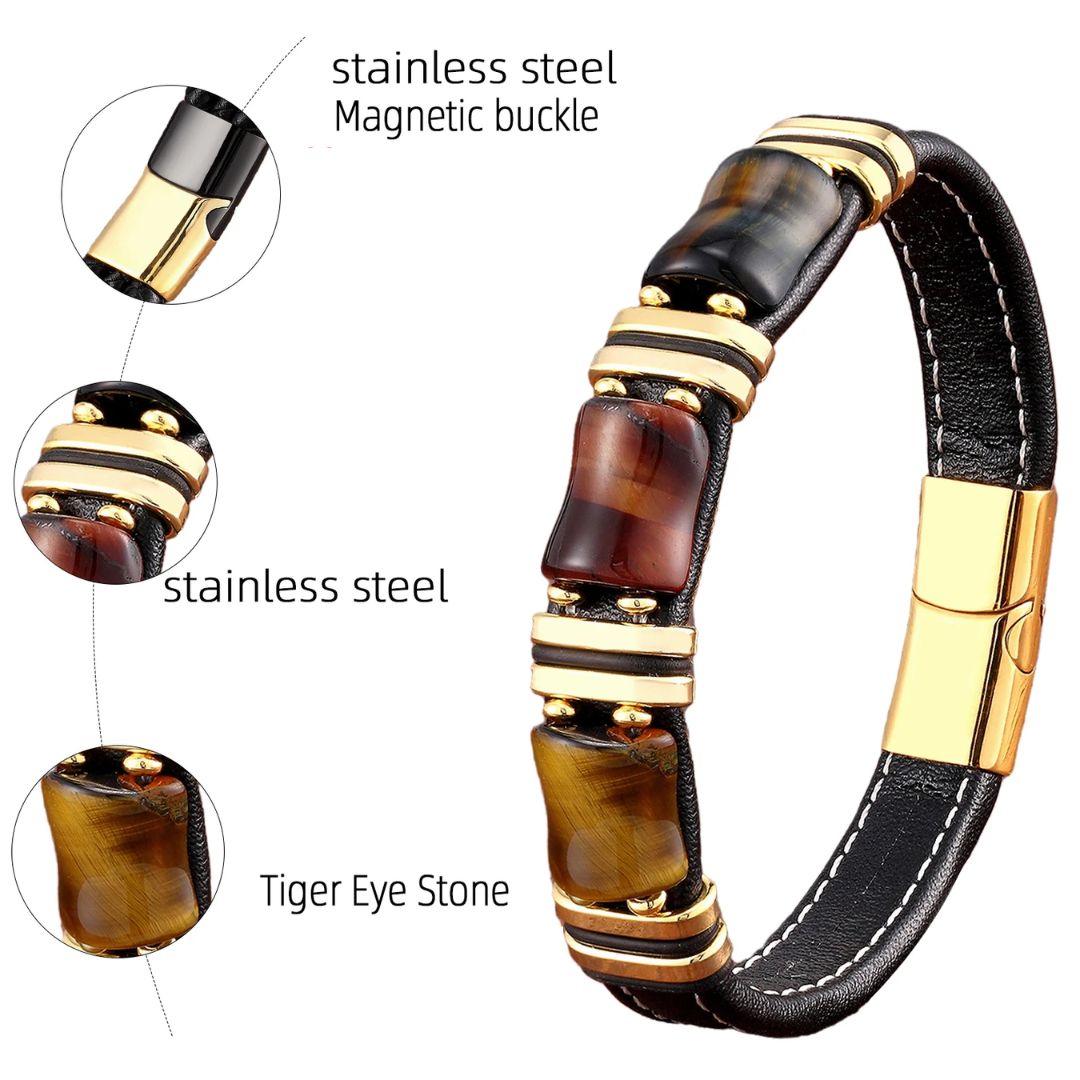 Bracelet unisexe en cuir et œil-de-tigre naturel. Élégant bijou robuste, pour compléter votre style quotidien.