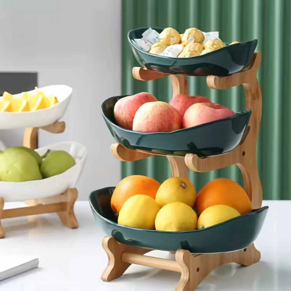 Présentoir à fruits/légumes 3 niveaux ArtisanÉléganc bois et céramique pour une belle déco cuisine.