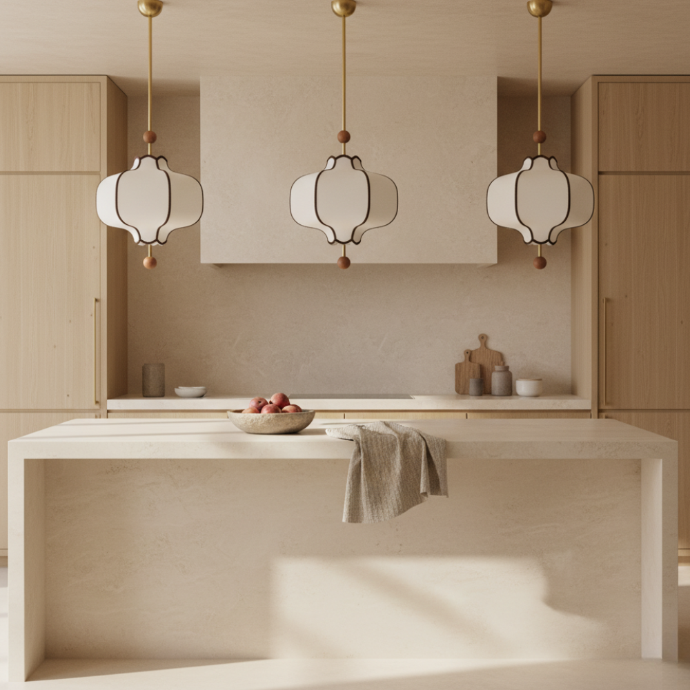 Suspension Lanora en tissu et noyer. Lumière intérieure élégante et moderne.
