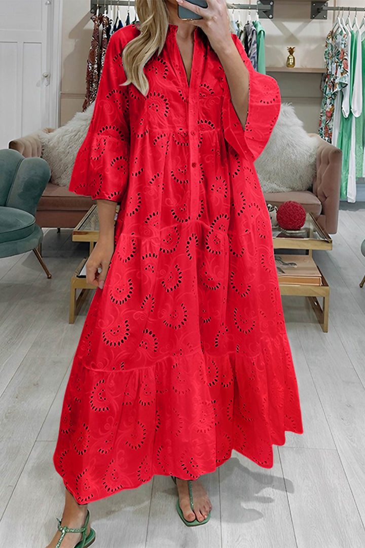 Robe ample décontractée en coton brodé femme, manches évasées, respirante, idéale pour le printemps.