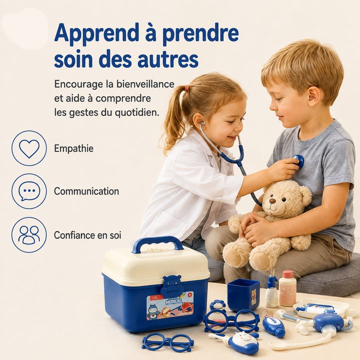 Jouet docteur portable pour enfant, valise éducative avec accessoires de jeu réalistes.