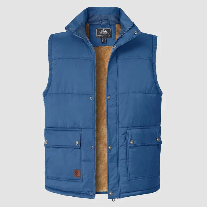 Gilet homme décontracté avec col montant, poches pratiques, idéal pour les balades automnales.