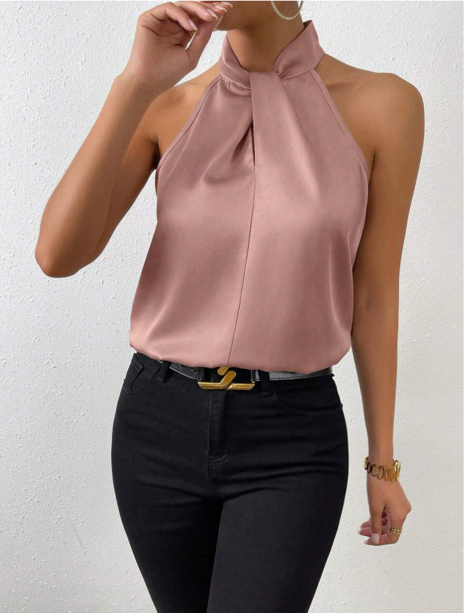 Blouse en soie femme col halter, nœud raffiné, un essentiel de mode.