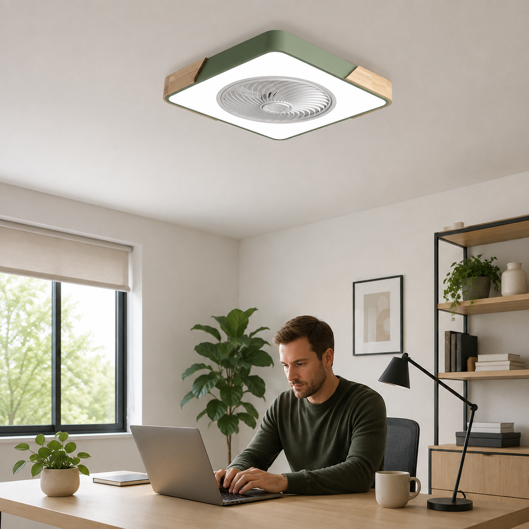 Ventilateur de plafond LED minimaliste, sans cadre, ventilation et lumière pour intérieurs modernes.