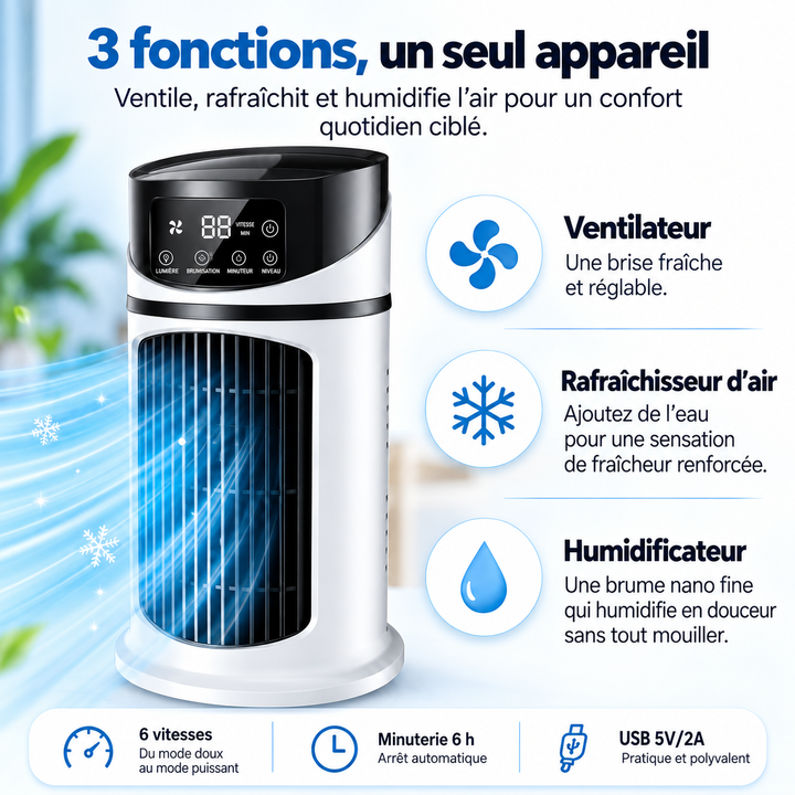 Ventilateur USB silencieux à 6 vitesses, refroidissement évaporatif et minuterie. Portable pour l'été.