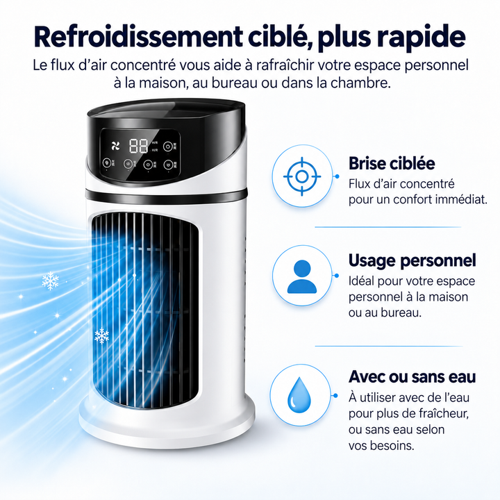 Mini climatiseur USB portable, parfait pour bureau. Offre un refroidissement personnel efficace tout l'été.