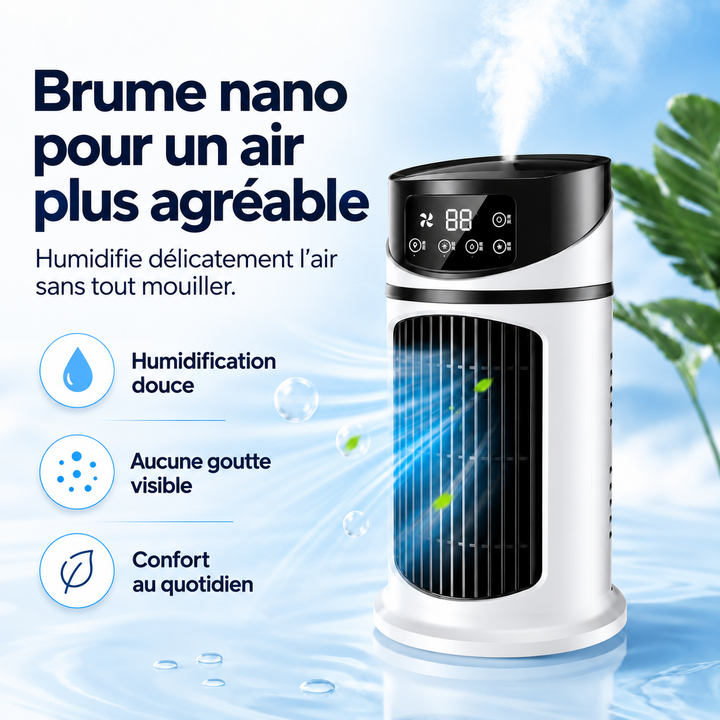 Ventilateur de bureau USB silencieux avec humidificateur et rafraîchissement évaporatif pour un confort optimal.