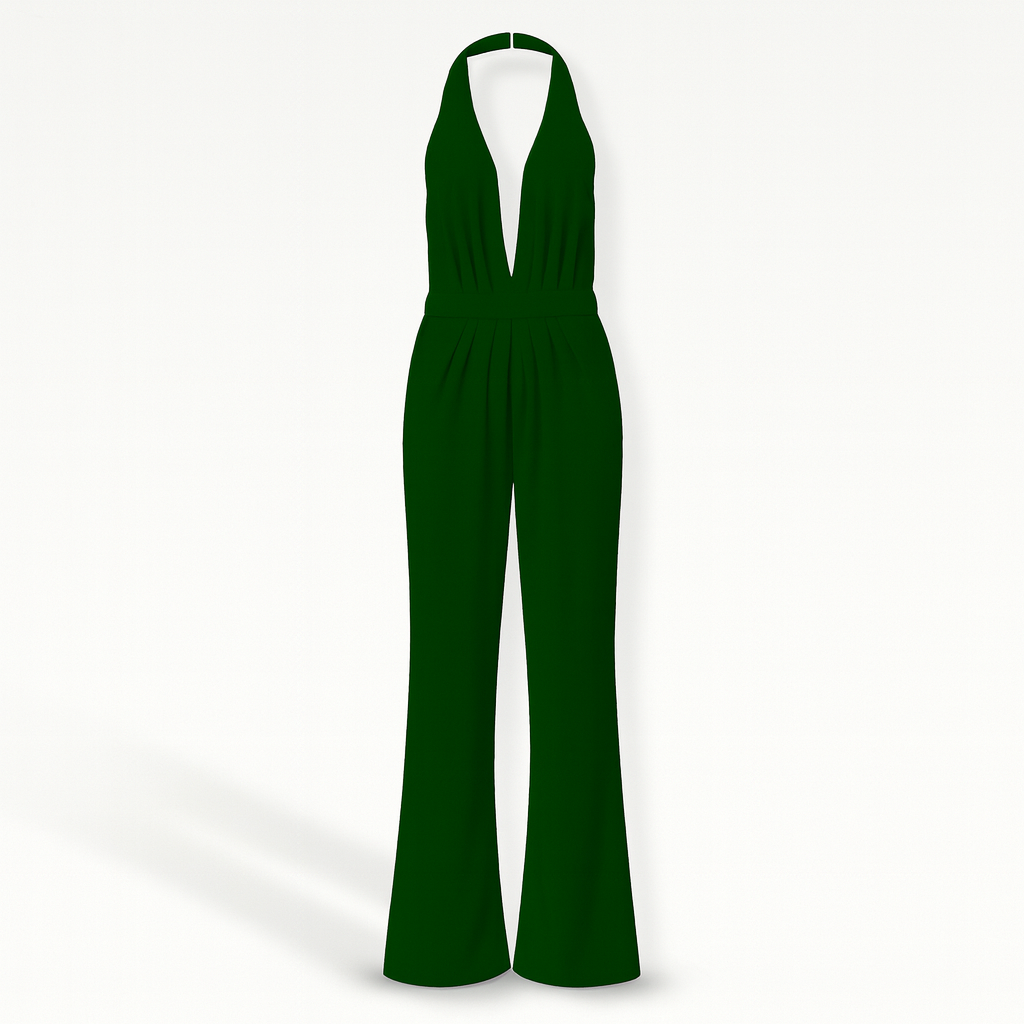Combinaison chic femme avec col V profond, jambes larges fluides. Parfaite pour l'été et les soirées élégantes.