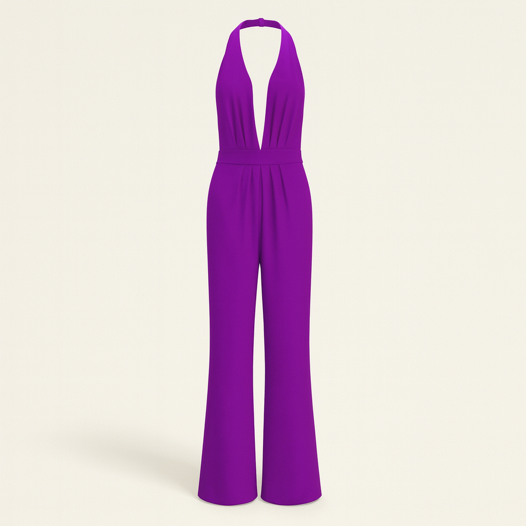 Modèle de combinaison femme élégante, col V, pantalon large. Look estival chic ou de vacances.