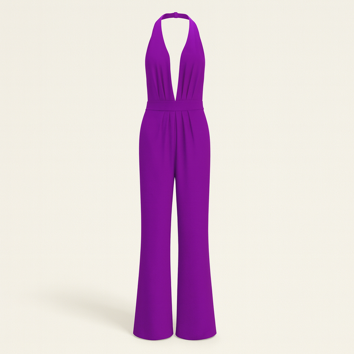 Modèle de combinaison femme élégante, col V, pantalon large. Look estival chic ou de vacances.