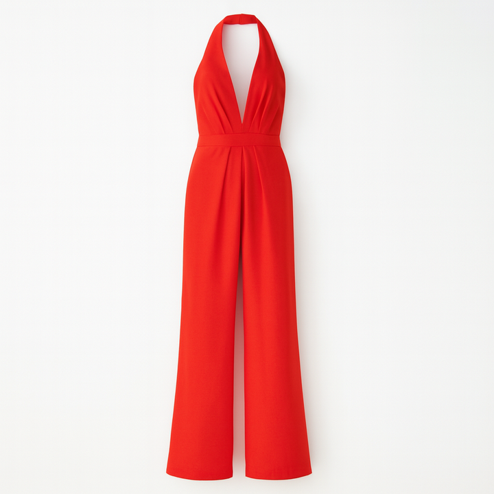 Combinaison femme confortable et élégante. Col V profond, jambes larges, sans manches. Pour toute occasion.