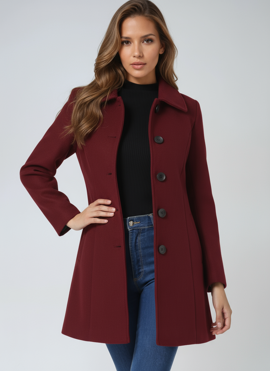 Détail du col et boutonnage simple du trench hiver femme noir, coupe ajustée mode et chic.