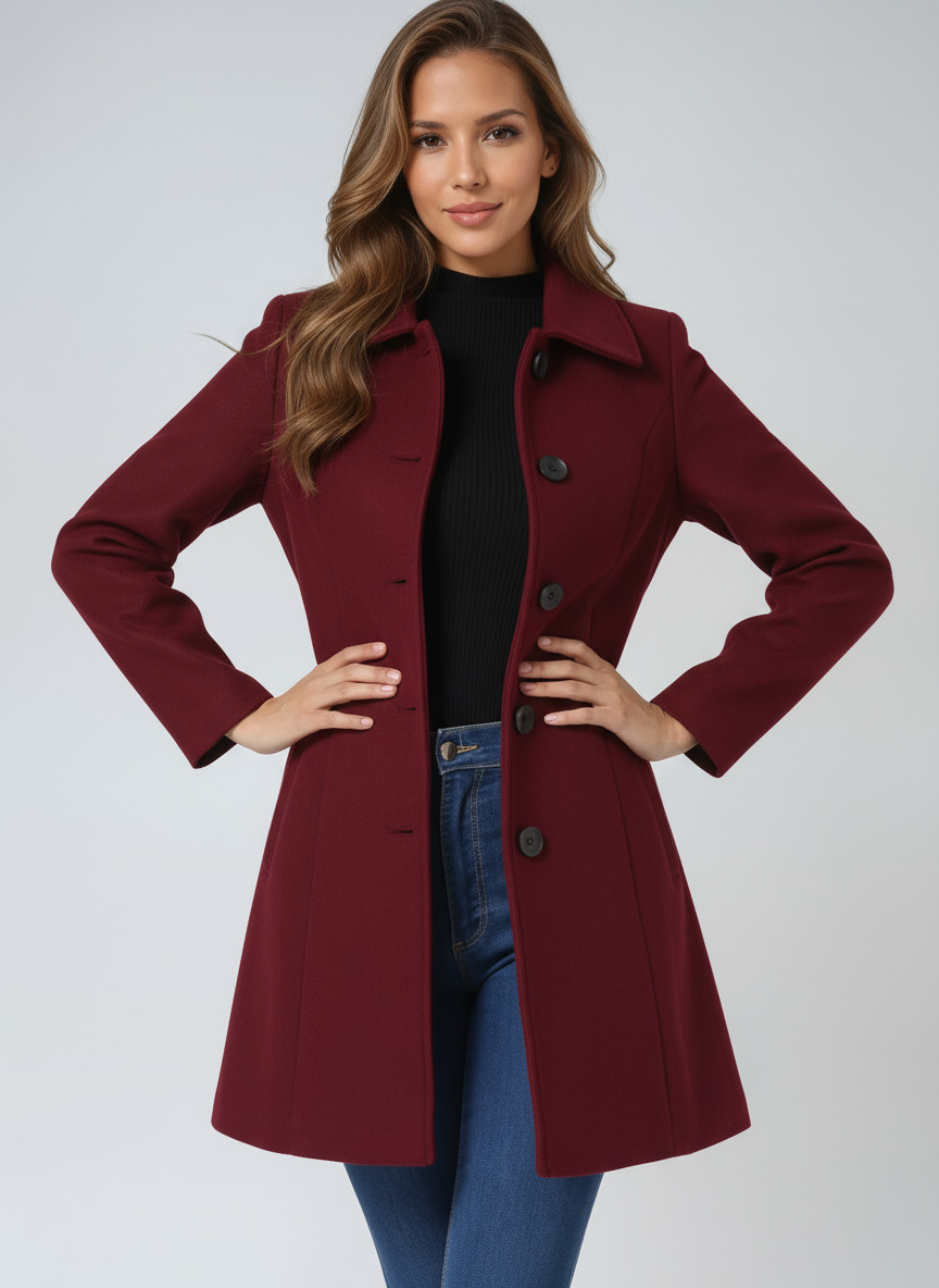 Manteau trench long hiver femme rouge foncé, élégant, chaud et classique, style chic.