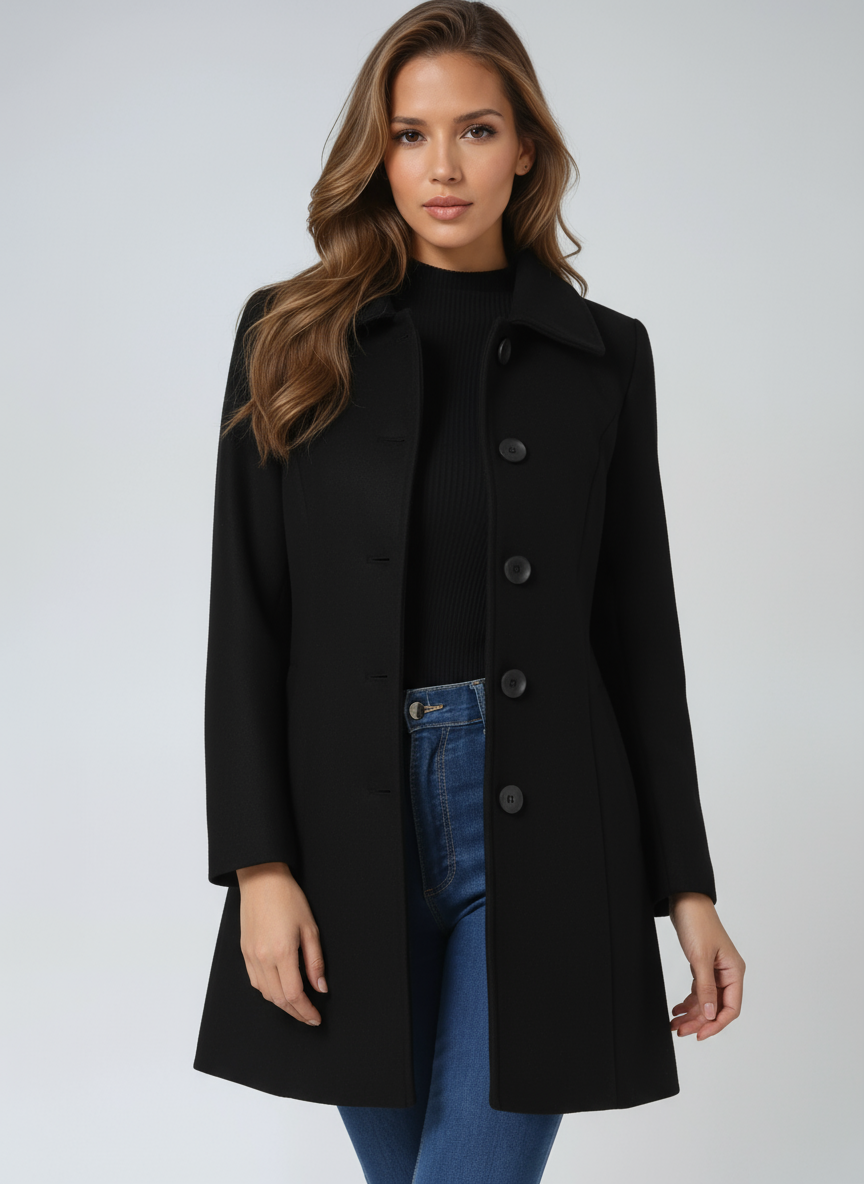 Manteau trench hiver femme élégant noir, coupe ajustée, simple boutonnage classique et chaud.