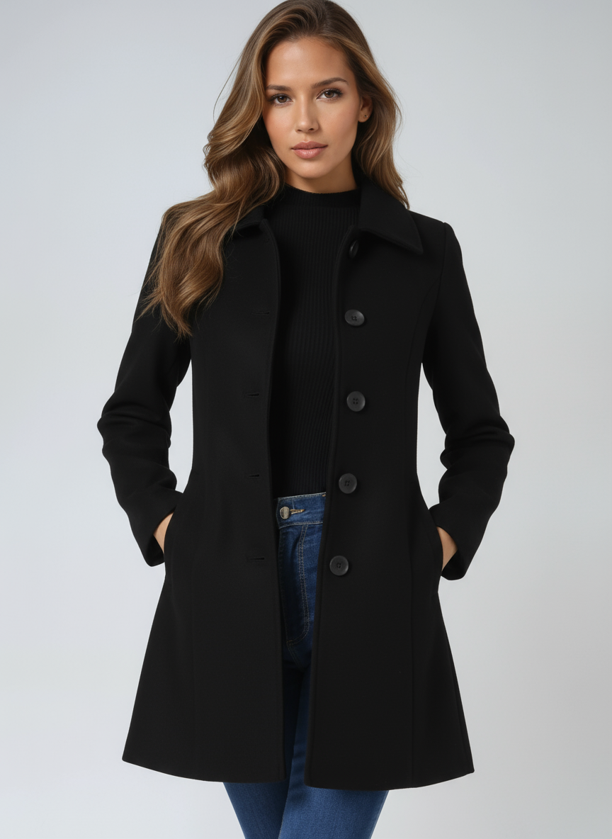Trench femme chic noir, manteau d'hiver chaud, vêtement extérieur classique à simple boutonnage.