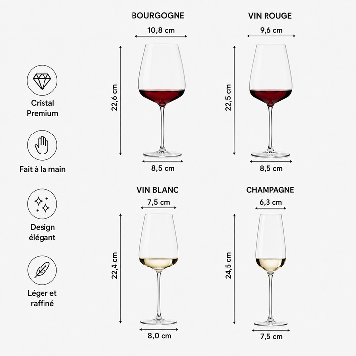 Collection de verres à vin en cristal fait main, sublimant chaque dégustation.