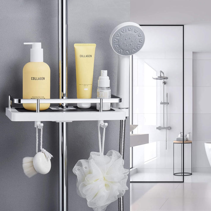 Support douche ajustable avec crochets et étagères. Acier inoxydable, rangement salle de bain gain de place, sans perçage.