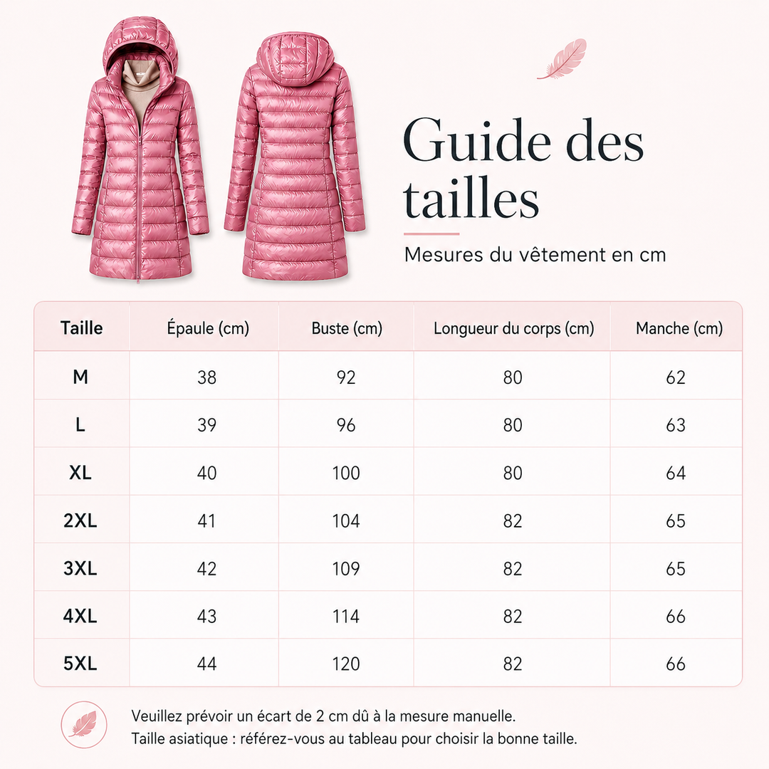 Manteau femme élégant en duvet, léger et chaud, pour un look décontracté chic.