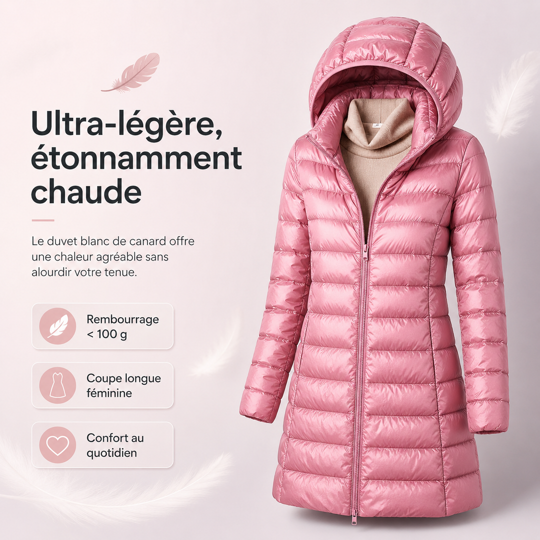 Veste de printemps femme, duvet ultra-léger et chaud, coupe ajustée et moderne.