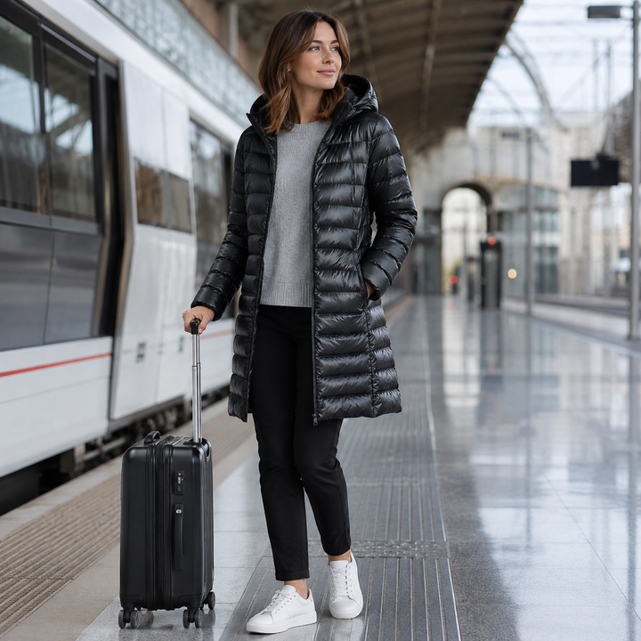 Veste femme chaude et légère, en duvet avec capuche, parfaite hiver doux et automne.