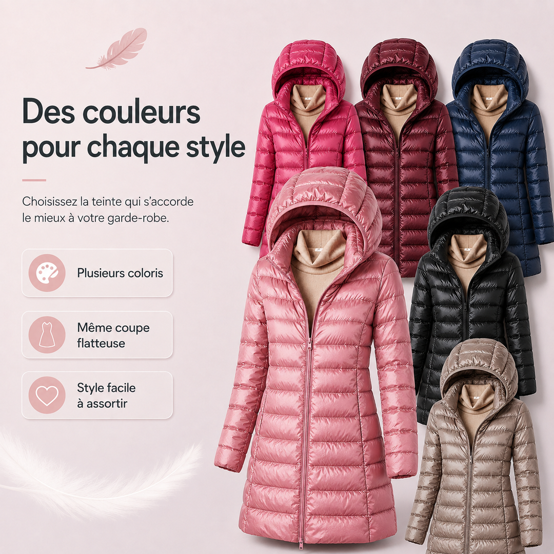 Veste chaude femme duvet compressible, capuche amovible, pour sport et ville.