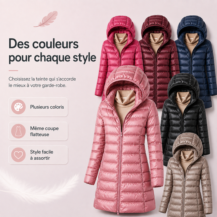 Veste chaude femme duvet compressible, capuche amovible, pour sport et ville.