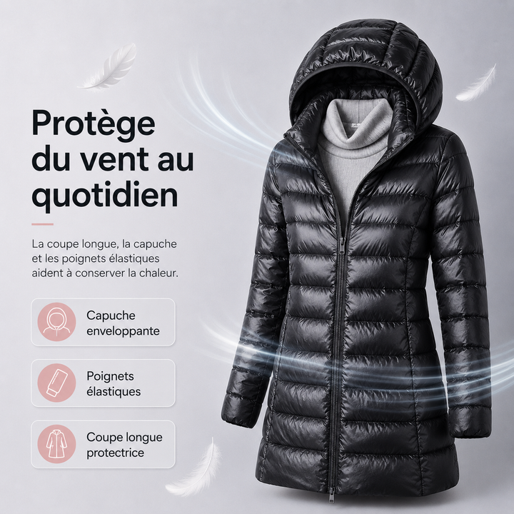 Veste de randonnée femme, duvet léger et chaud, compressible pour rangement facile.