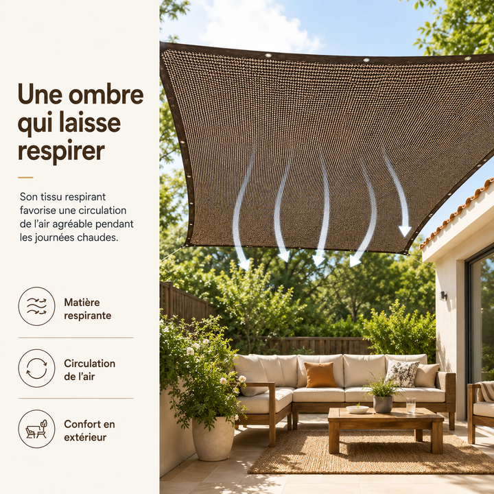 Voile d'ombrage marron en PEHD pour extérieur, installation facile, protection solaire efficace pour jardin.
