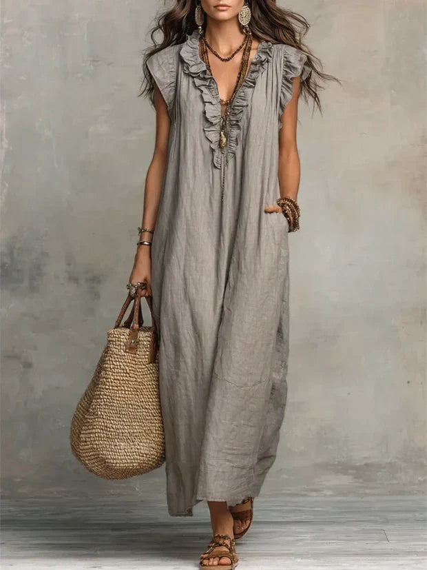 Robe longue bohème femme en lin coton, volants délicats et poches pratiques, parfaite pour l'été.