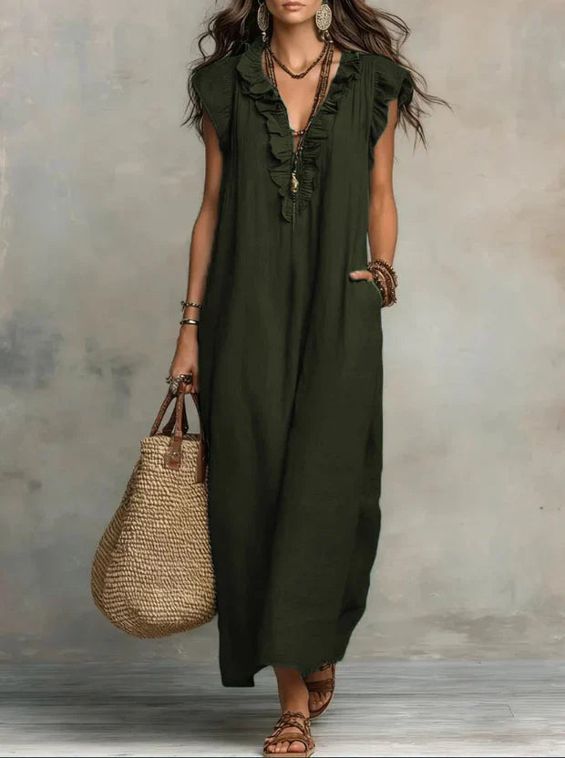 Robe de plage bohème chic en lin coton, avec volants et poches, parfaite pour les vacances.
