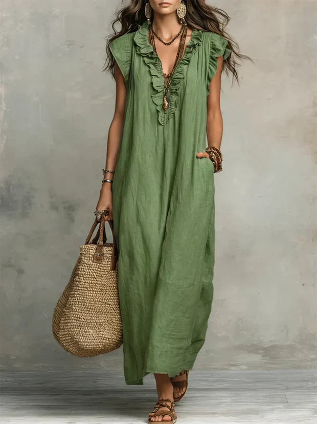 Robe fluide d'été pour femme, style bohème chic, confectionnée en lin coton avec volants.