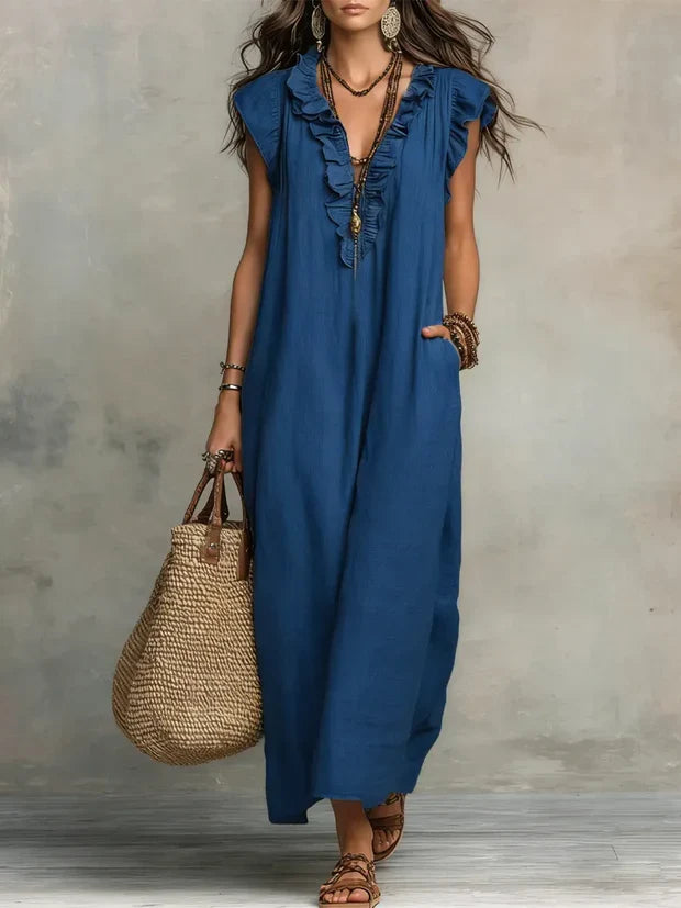 Maxi robe décontractée en lin coton avec poches et volants, idéale pour les vacances.