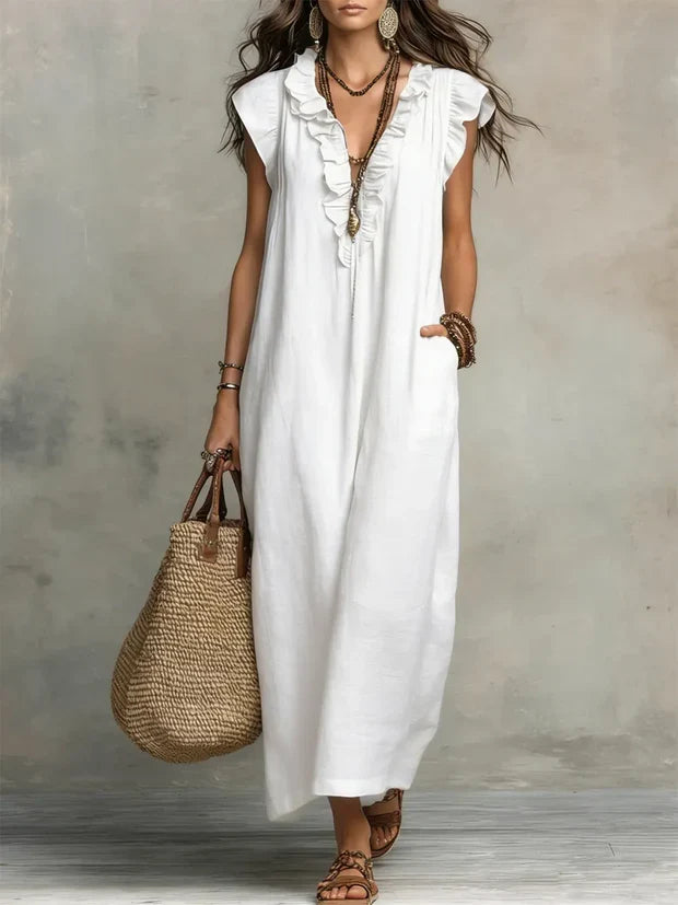 Superbe robe d'été fluide en lin coton pour femme, coupe bohème avec volants et poches.