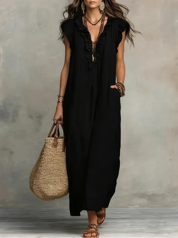 Robe de vacances femme, longue et décontractée, en lin coton, style bohème avec volants.