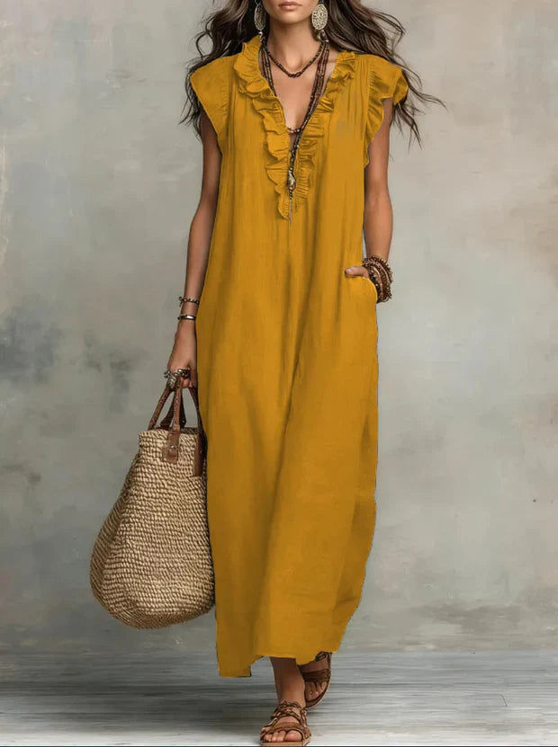 Robe longue bohème chic en lin coton pour femme, parfaite pour un look d'été fluide.