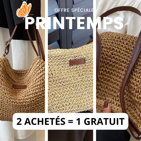 Élégant sac en paille pour femme avec bandoulière en cuir végan, parfait pour l'été.