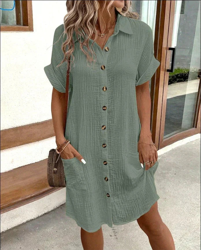 Robe longue chemise femme boutonnée devant, parfaite pour un style casual et frais en été ou au printemps.