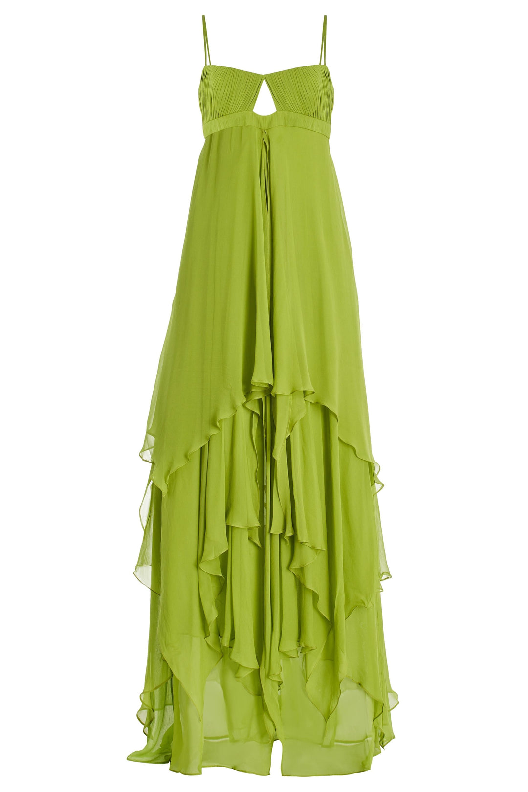 Robe fluide longue femme verte, coupe maxi et bretelles, fente pour une tenue de soirée chic.