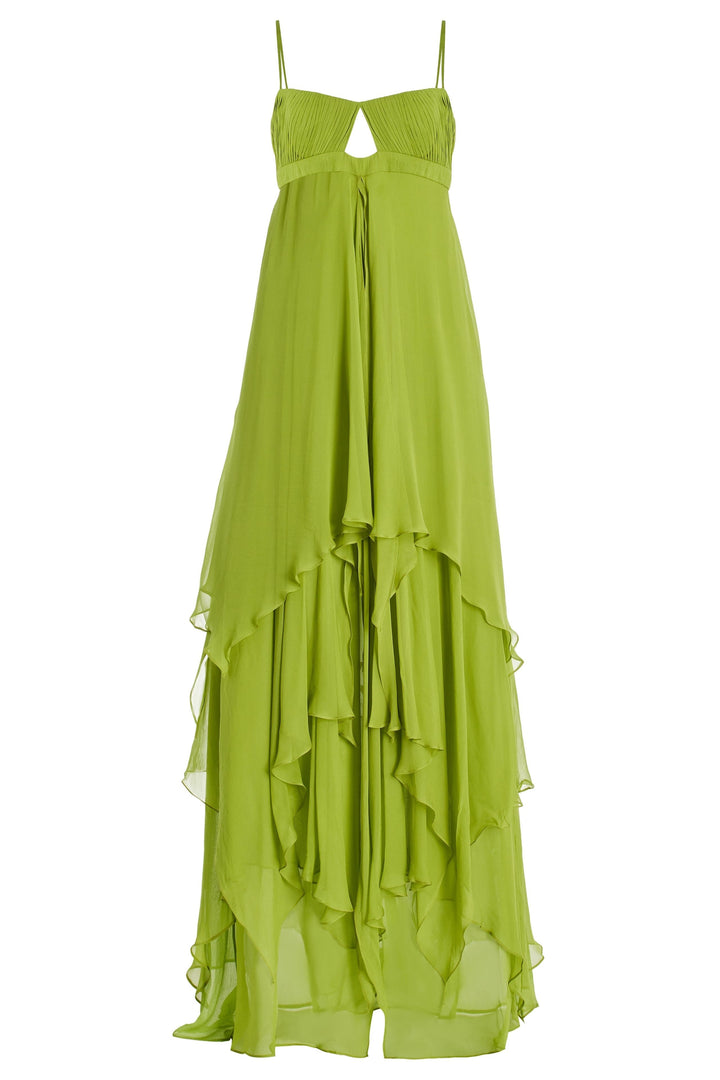 Robe fluide longue femme verte, coupe maxi et bretelles, fente pour une tenue de soirée chic.