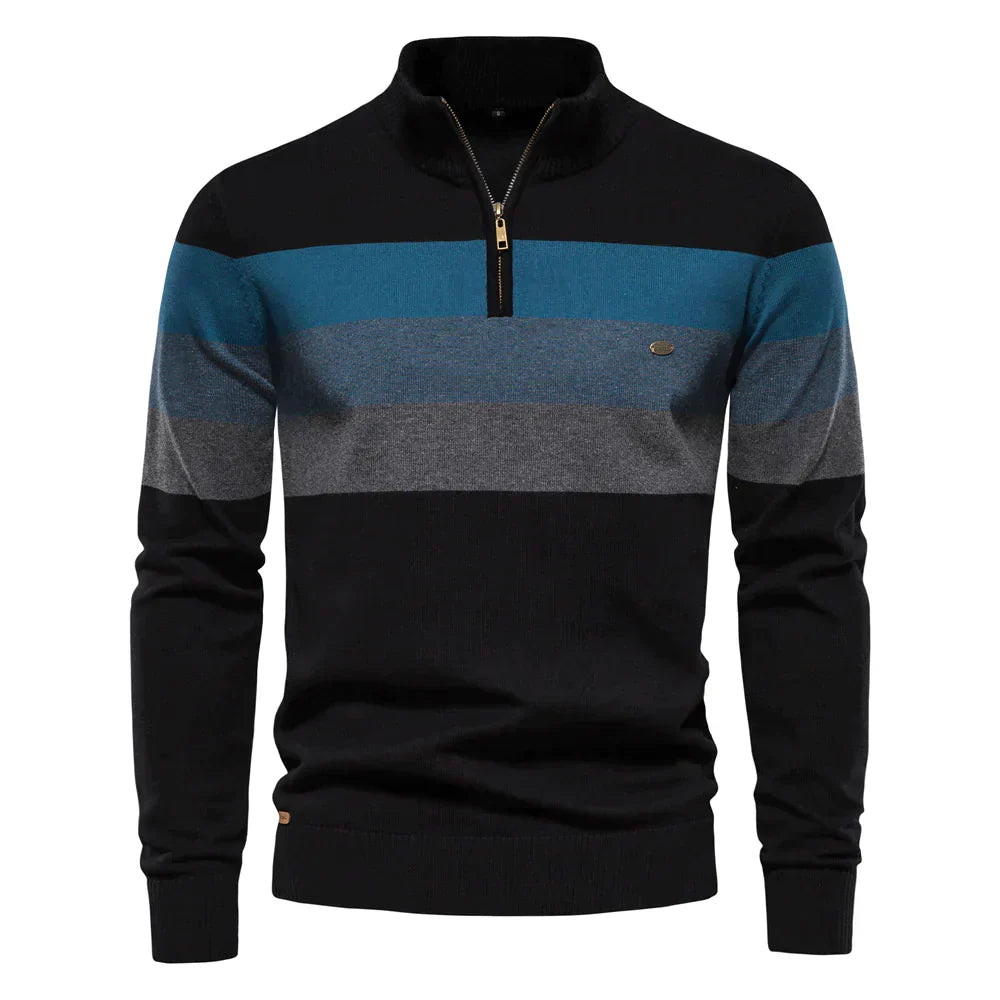 Pull homme à rayures, col zippé, style moderne. Parfait pour un look décontracté chic en hiver.