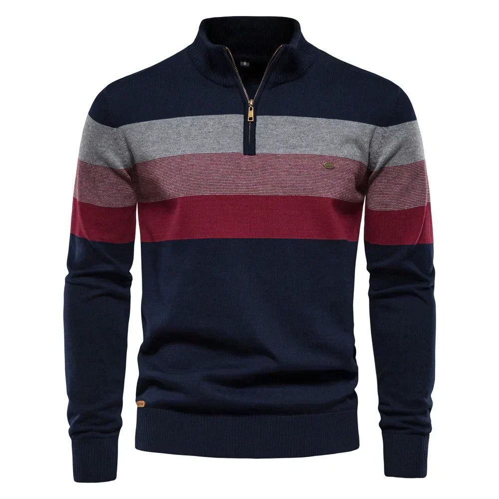 Pull zippé rayé homme, élégance moderne & confort quotidien. Idéal pour la mode masculine casual chic.