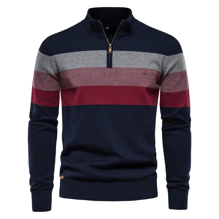 Pull zippé rayé homme, élégance moderne & confort quotidien. Idéal pour la mode masculine casual chic.