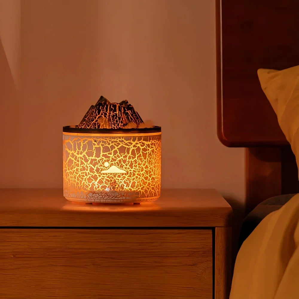 Humidificateur diffuseur d'huiles essentielles volcan avec lumières LED pour une ambiance relaxante.