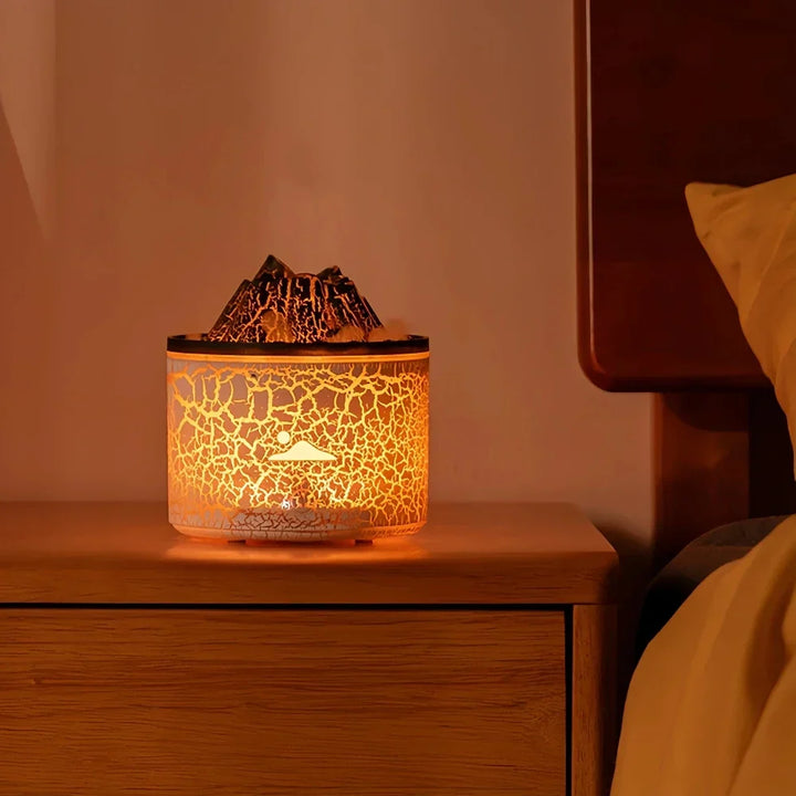Humidificateur diffuseur d'huiles essentielles volcan avec lumières LED pour une ambiance relaxante.